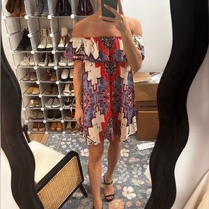Aqua Off-the-shoulders printed dress